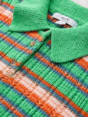 Bright Green Multi Stripe Short Sleeve Knitted Polo Top with Cotton - Image 2 of 3