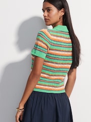 Bright Green Multi Stripe Short Sleeve Knitted Polo Top with Cotton - Image 4 of 8