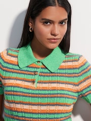 Bright Green Multi Stripe Short Sleeve Knitted Polo Top with Cotton - Image 5 of 8