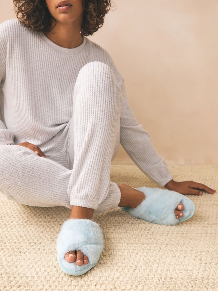 Blue Faux Fur Slider Slippers - Image 1 of 7