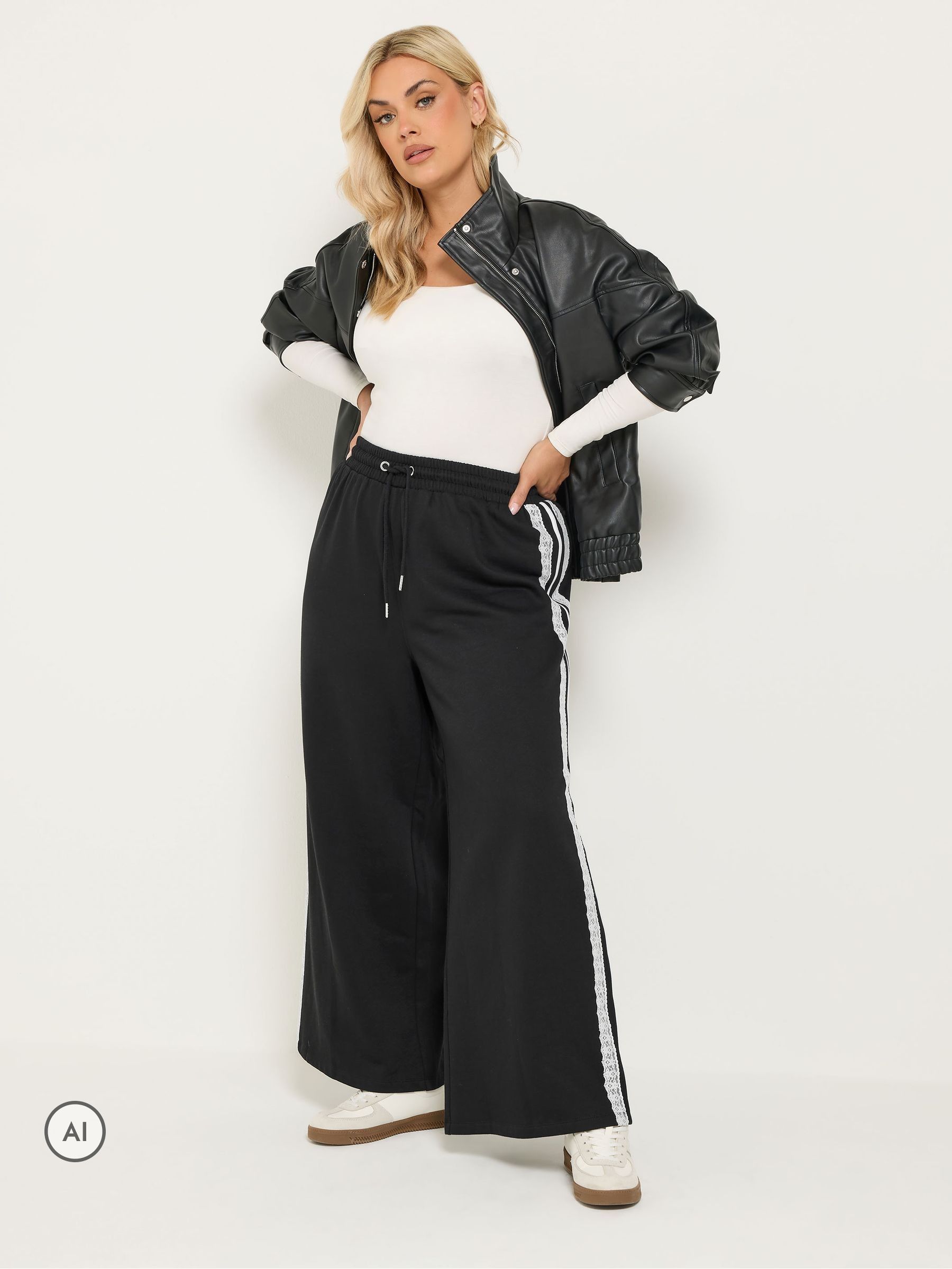 Yours Women's Black Lace Side Wide Leg Joggers In | Size: 30/32R - Image 2