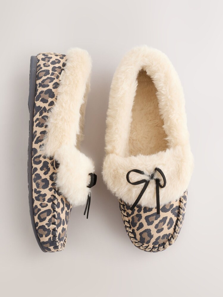 Tan Brown Animal Print Moccasin Fur Trim Slippers - Image 1 of 8