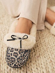 Tan Brown Animal Print Moccasin Fur Trim Slippers - Image 3 of 8