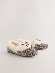 Tan Brown Animal Print Moccasin Fur Trim Slippers - Image 4 of 8