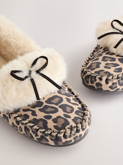Tan Brown Animal Print Moccasin Fur Trim Slippers - Image 7 of 8