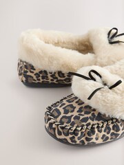Tan Brown Animal Print Moccasin Fur Trim Slippers - Image 8 of 8