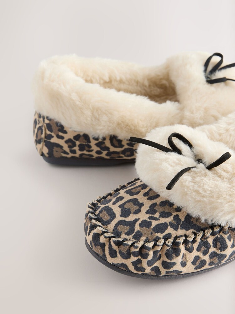 Tan Brown Animal Print Moccasin Fur Trim Slippers - Image 8 of 8