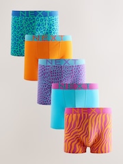 Bright Blue/ Orange Animal Print 5 Pack Trunks Boxers - Image 1 of 9