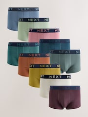 Pink/ Blue/ Green Navy Textured Waistband 10 pack Cotton Rich Blend Hipsters Boxers - Image 1 of 14