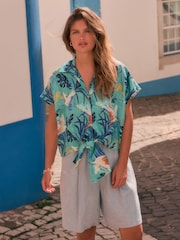 Blue Tropical Palm Print Tie Front Short Sleeve Shirt - Image 2 of 8