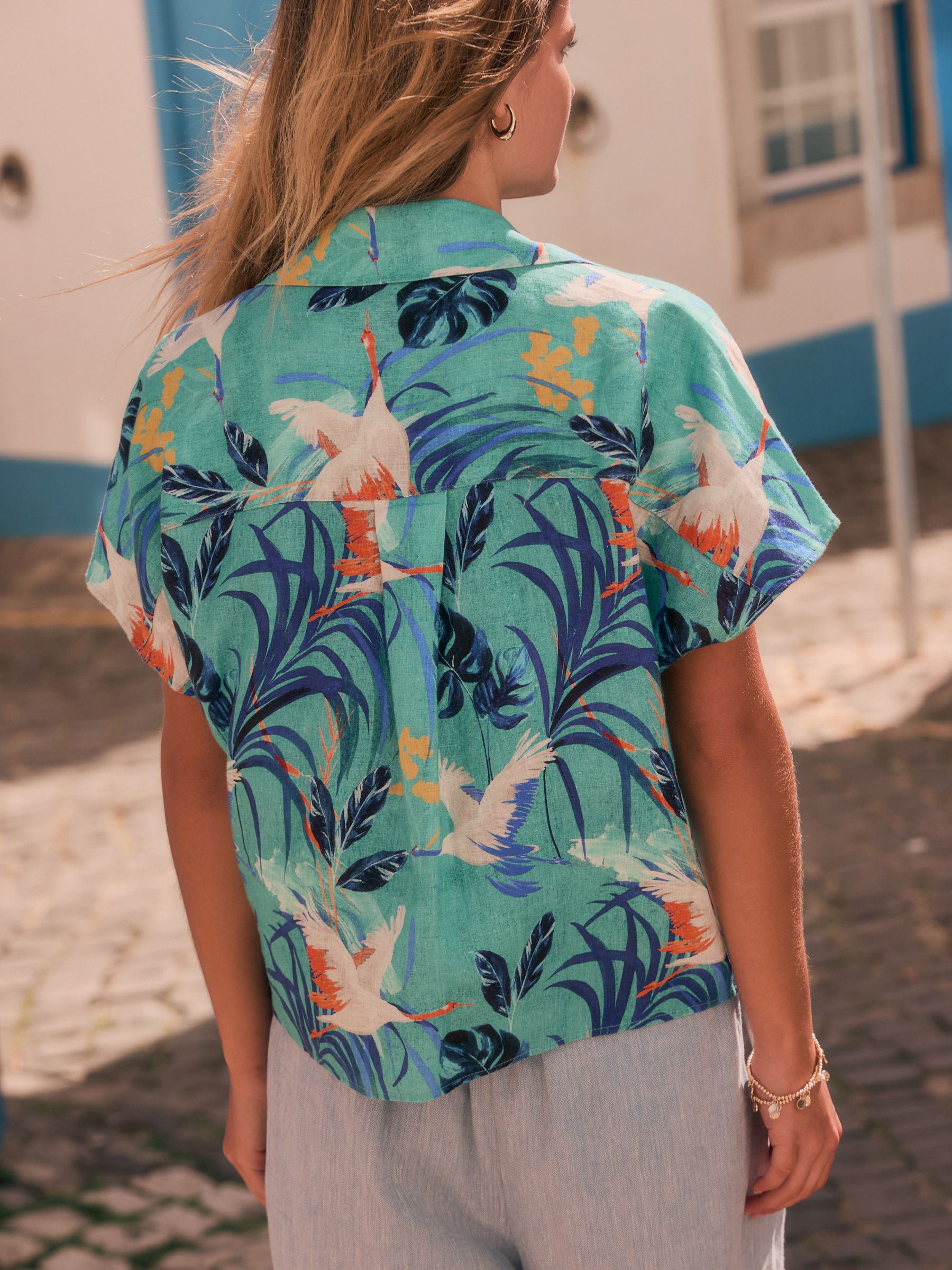 Buy Blue Tropical Palm Print Tie Front Short Sleeve Shirt from