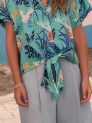 Blue Tropical Palm Print Tie Front Short Sleeve Shirt - Image 5 of 8