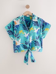 Blue Tropical Palm Print Tie Front Short Sleeve Shirt - Image 6 of 8