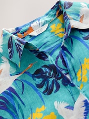 Blue Tropical Palm Print Tie Front Short Sleeve Shirt - Image 7 of 8