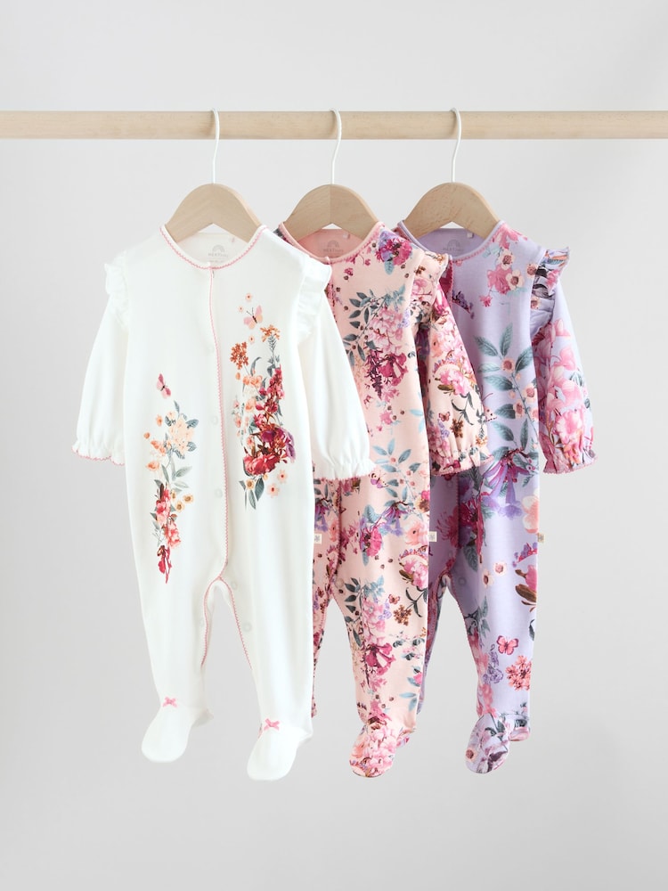 Ecru Floral Baby Sleepsuits 3 Pack (0mths-2yrs) - Image 1 of 12 Ecru Floral Baby Sleepsuits 3 Pack (0mths-2yrs) - Image 1 of 12