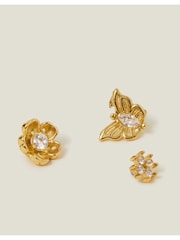 Accessorize Gold Tone 14ct Flower Flatback Stud Earrings 3 Pack - Image 1 of 3