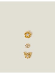 Accessorize Gold Tone 14ct Flower Flatback Stud Earrings 3 Pack - Image 2 of 3