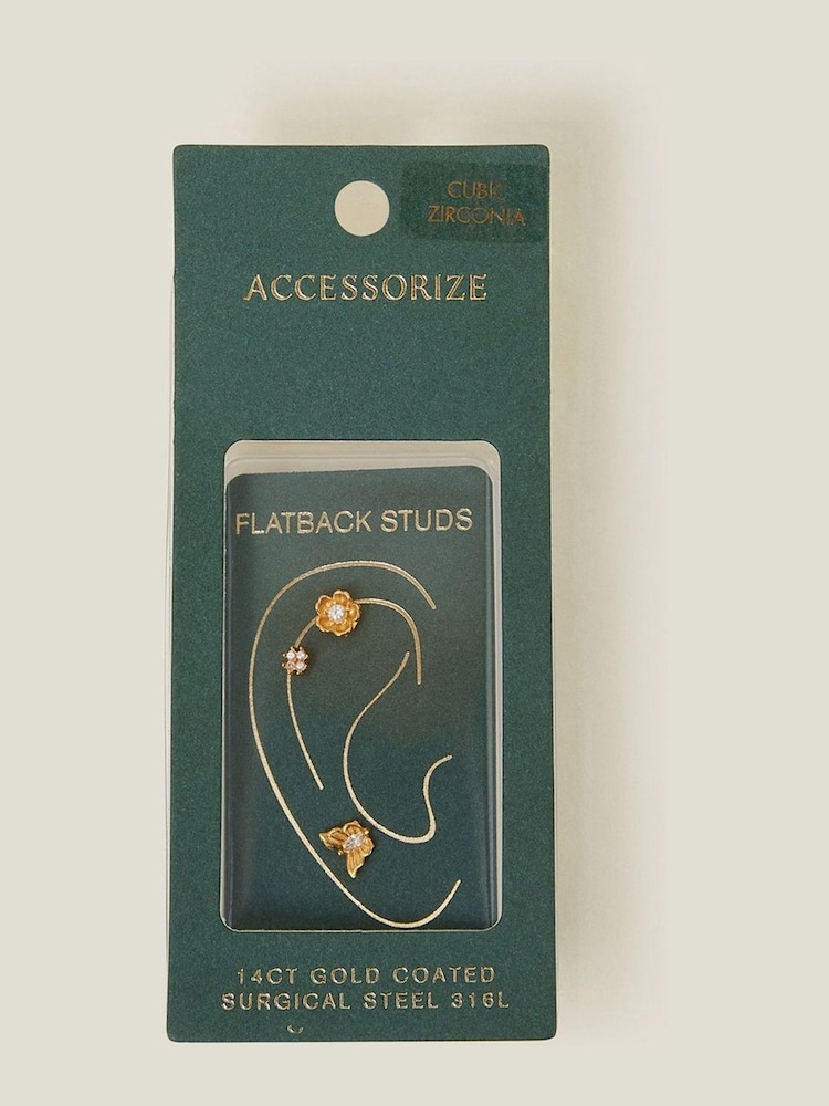 Accessorize Gold Tone 14ct Flower Flatback Stud Earrings 3 Pack - Image 3 of 3