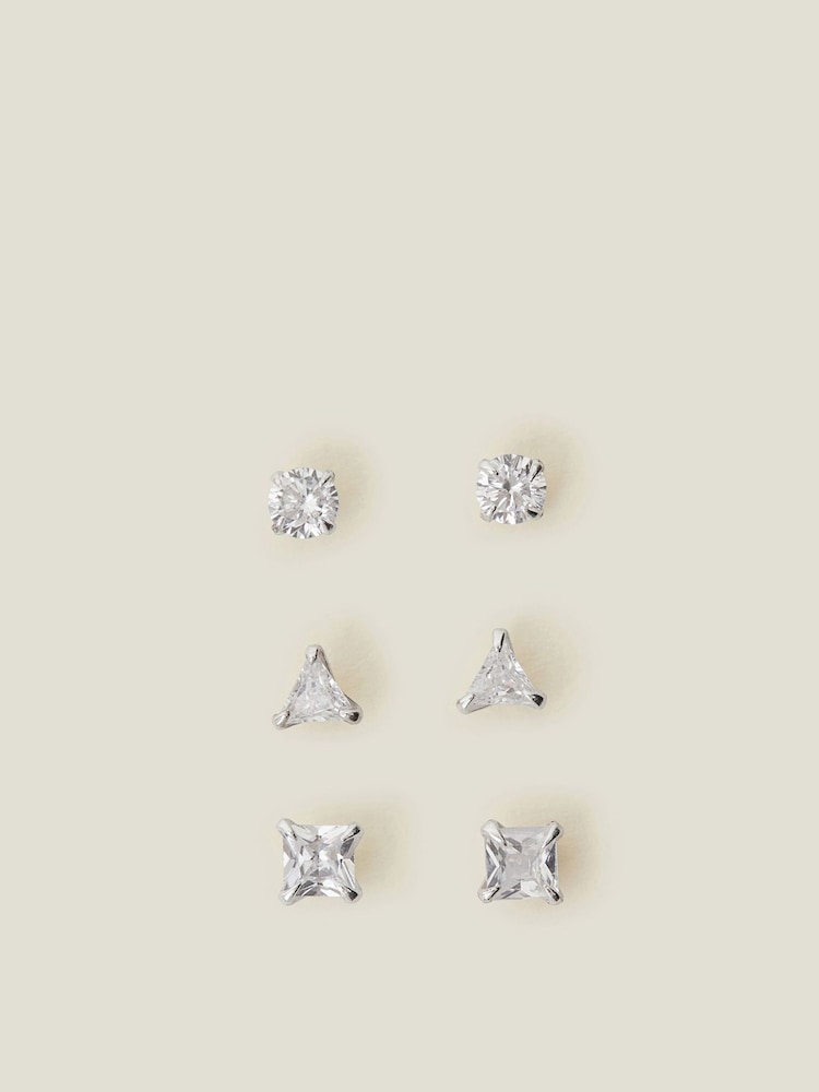 Accessorize White Sterling Silver Diamante Stud Earrings 3 Pack - Image 1 of 2