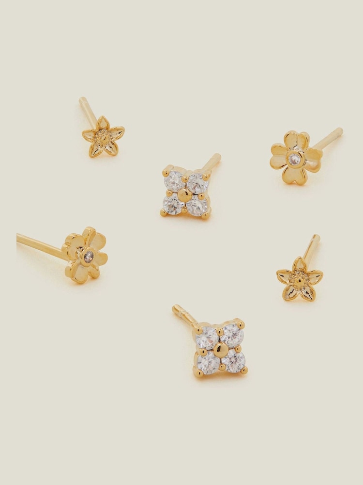 Accessorize Gold 14ct Flower Stud Earrings 3 Pack - Image 1 of 1