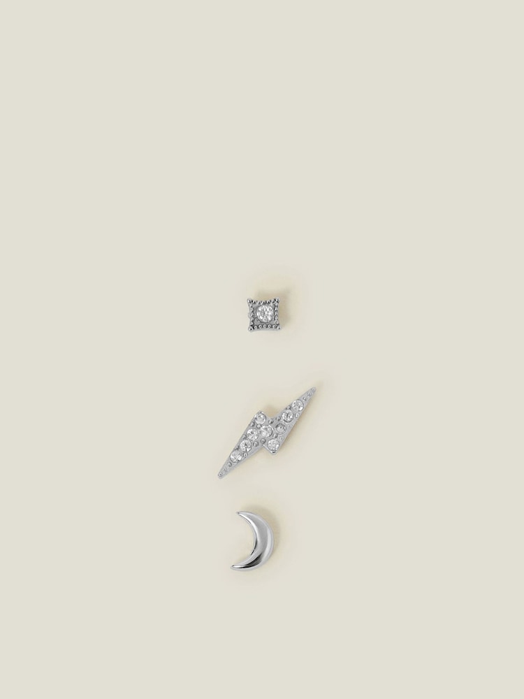 Accessorize Silver Tone Platinum-Plated Surgical Steel Celestial Flatback Stud Earrings 3 Pack - Image 2 of 3