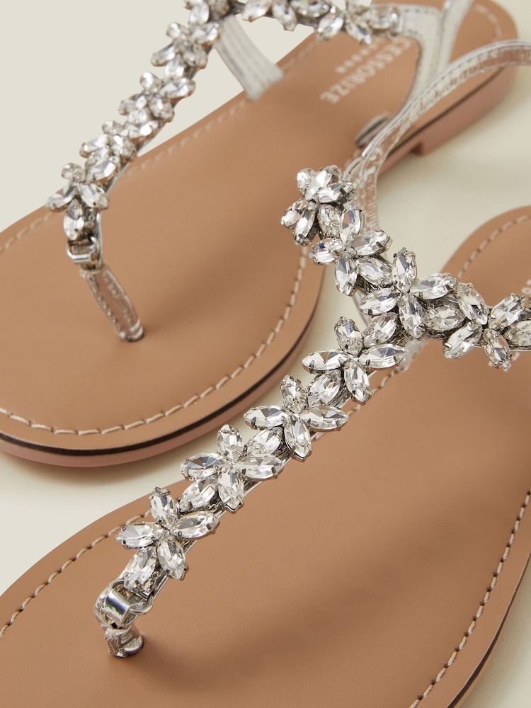Accessorize Silver Gemstone Flower T-Strap Sandals - Image 4 of 4