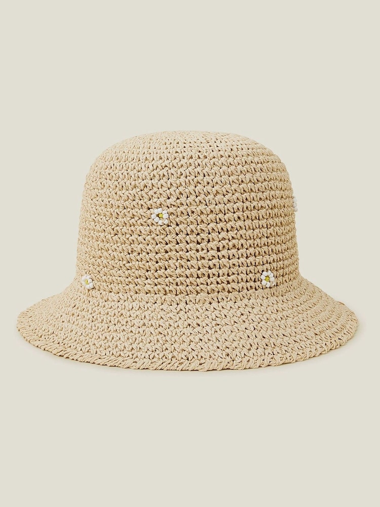 Accessorize Natural Daisy Embellished Woven Bucket Hat - Image 1 of 1