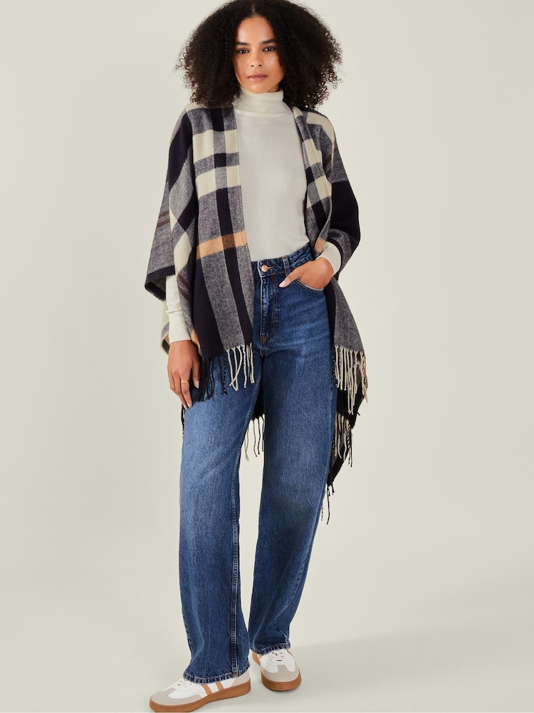 Accessorize Blue Check Cape Poncho - Image 1 of 4 Accessorize Blue Check Cape Poncho - Image 1 of 4