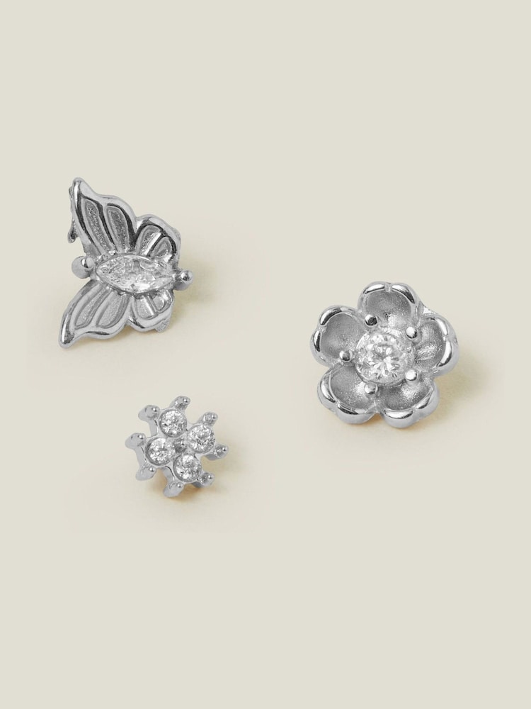 Accessorize Platinum-Plated Surgical Steel Flower Flatback Stud Earrings 3 Pack - Slika 1 iz 3