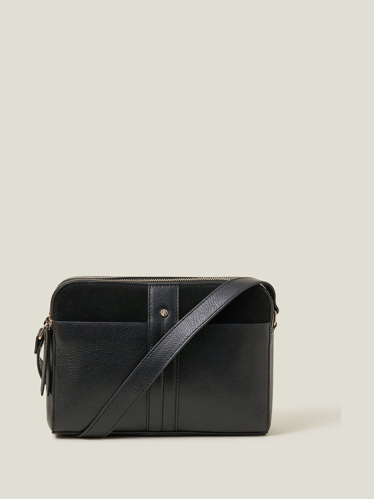 Accessorize Black Double Zip Leather Cross-Body Bag - Image 1 of 4 Accessorize Black Double Zip Leather Cross-Body Bag - Image 1 of 4