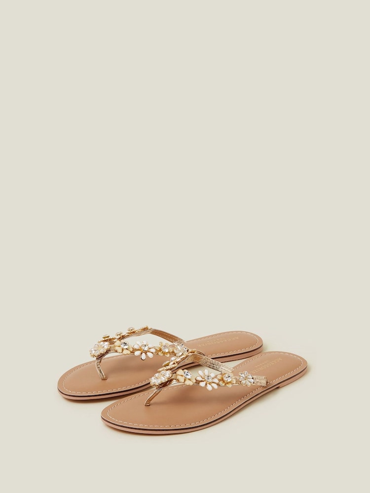 Accessorize Gold Diamante Flower Flip Flop Sandals - Image 2 of 3