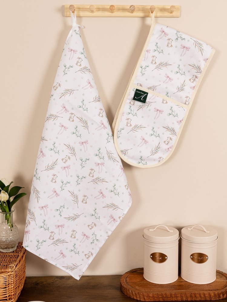 Avalon Home White and Pink Bunnies and Bows Tea Towel - Image 1 of 5