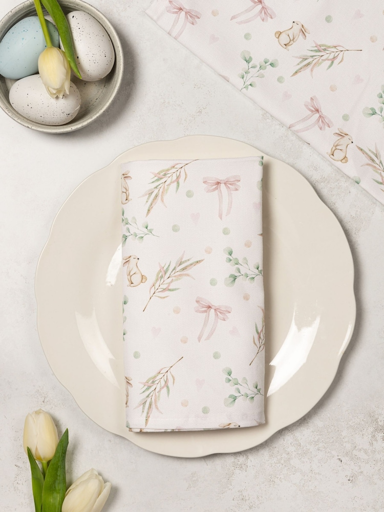 Avalon Home Set of 2 White and Pink Bunnies and Bows Napkins - Image 1 of 6