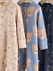 Brown/Navy Baby Two Way Zip Footless Cotton Sleepsuits 3 Pack (0mths-3yrs) - Image 7 of 12