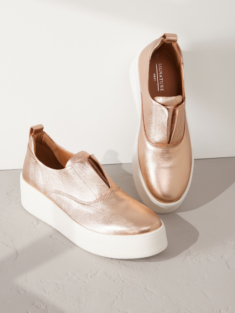 Rose Gold Slip On Signature Forever Comfort® Leather Chunky Wedge Platform Trainers - Image 2 of 6