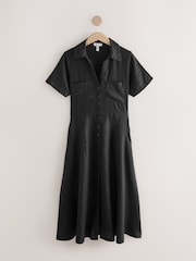 Black Premium 100% Linen Midi Shirt Dress - Image 1 of 3