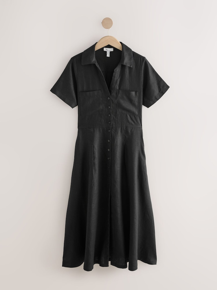 Black Premium 100% Linen Midi Shirt Dress - Image 1 of 3