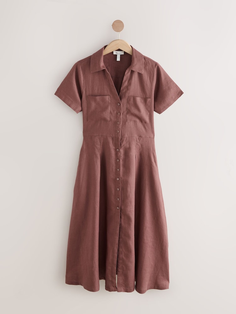 Chocolate Brown Premium 100% Linen Midi Shirt Dress - Image 1 of 3