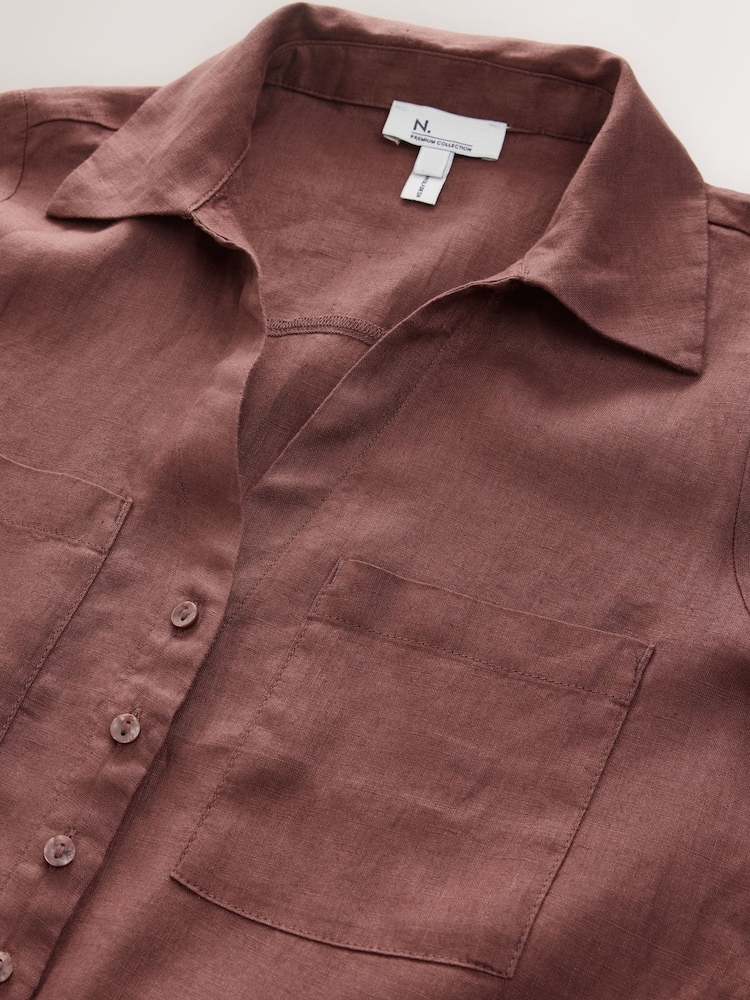 Chocolate Brown Premium 100% Linen Midi Shirt Dress - Image 2 of 3