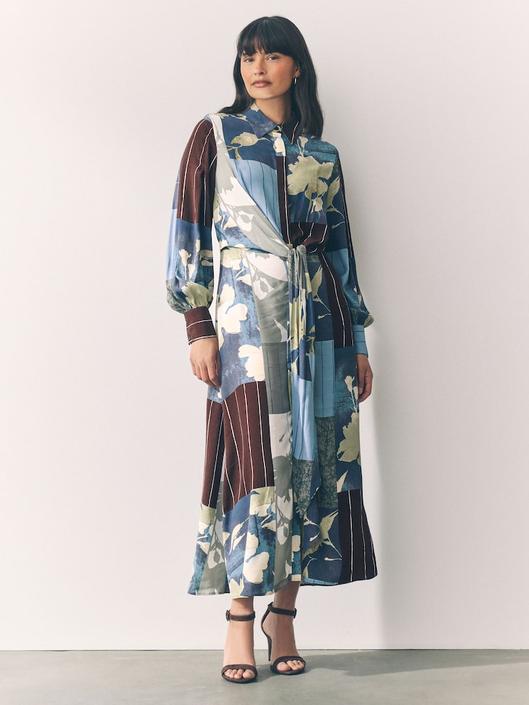 Light Blue Floral Twist Front Maxi Shirt Dress - Image 1 of 7 Light Blue Floral Twist Front Maxi Shirt Dress - Image 1 of 7