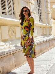 Lime Green Tapestry Print Mini Drapey Long Sleeve Asymmetric Dress - Image 1 of 11