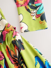 Lime Green Tapestry Print Mini Drapey Long Sleeve Asymmetric Dress - Image 11 of 11