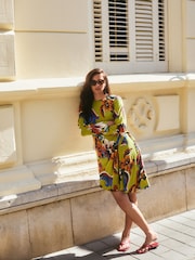 Lime Green Tapestry Print Mini Drapey Long Sleeve Asymmetric Dress - Image 3 of 11