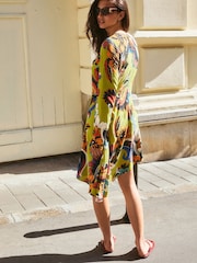 Lime Green Tapestry Print Mini Drapey Long Sleeve Asymmetric Dress - Image 5 of 11