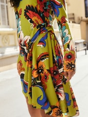 Lime Green Tapestry Print Mini Drapey Long Sleeve Asymmetric Dress - Image 6 of 11