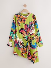 Lime Green Tapestry Print Mini Drapey Long Sleeve Asymmetric Dress - Image 7 of 11