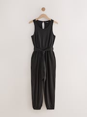 Black Sleeveless Jersey Tie Waist Jumpsuit - Image 4 of 7