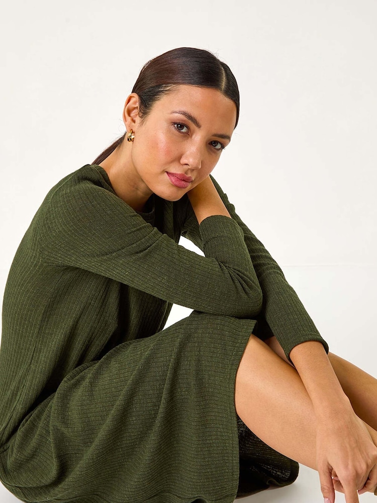 Roman Green Ribbed Drop Waist Stretch Midi Dress - Image 1 of 5