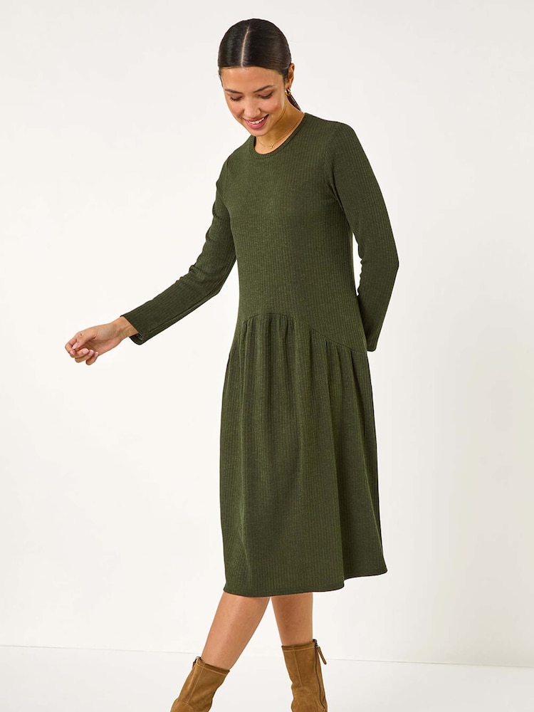 Roman Green Ribbed Drop Waist Stretch Midi Dress - Image 2 of 5