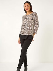 Roman Natural Abstract Print Chiffon Hem Top - Image 2 of 5